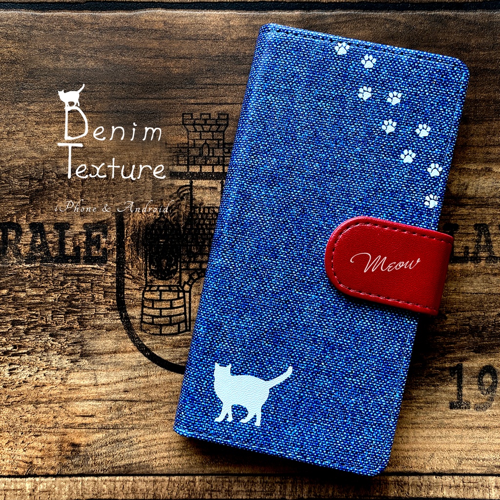 にゃんこデニムの手帳型スマホケース(ブルー×赤) 全機種対応 手帳型 スマホケース iphone15 iphone16e iphone14 猫